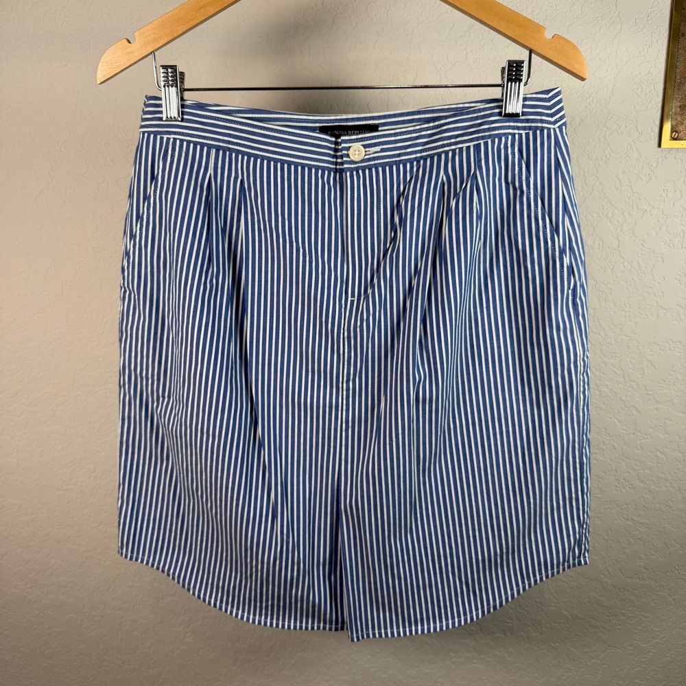 Banana Republic Womens Blue White Striped Pleated Mini Skirt Size 8 Curved Hem‎